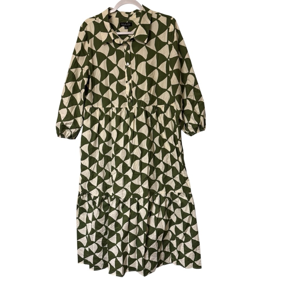 Rachel Zoe Green & Cream Geometric Print Cotton Stretch Tiered Maxi Shirt Dress